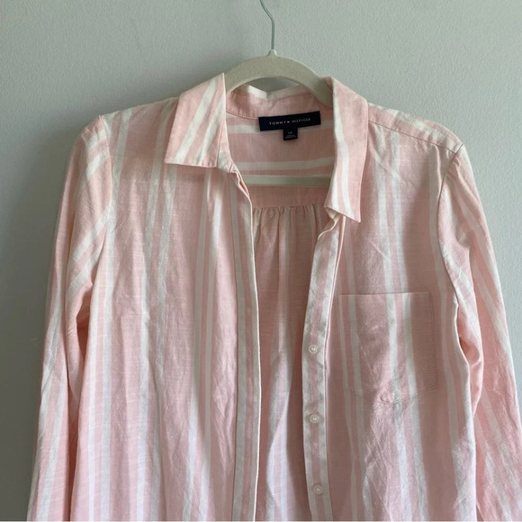TOMMY Hilfiger Cotton Blend Linen-Look Pink and White Striped Button Down  S - Picture 3 of 10